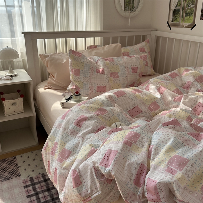 91家纺网 家纺一手货源 找家纺 尺素 2025新款纯棉卡通ins风四件套可爱少女风全棉被套纯色1.8床笠加大床单学生1.2三件套 格调粉--桃粉
