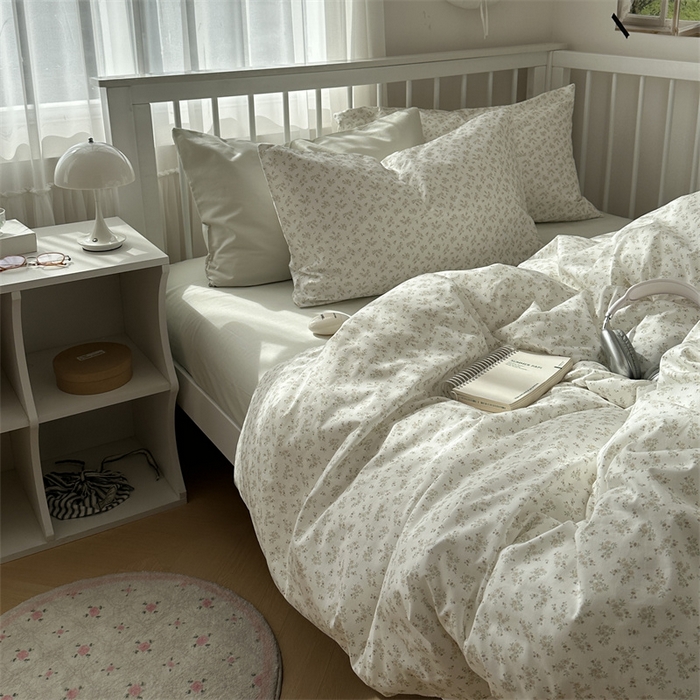 91家纺网 家纺一手货源 找家纺 尺素 2025新款纯棉卡通ins风四件套可爱少女风全棉被套纯色1.8床笠加大床单学生1.2三件套 清梦--冰沙绿