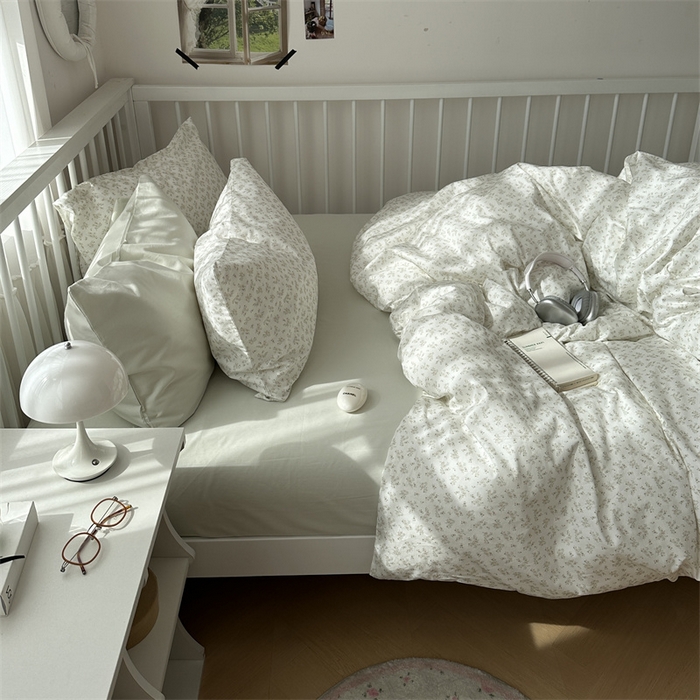 91家纺网 家纺一手货源 找家纺 尺素 2025新款纯棉卡通ins风四件套可爱少女风全棉被套纯色1.8床笠加大床单学生1.2三件套 清梦--冰沙绿