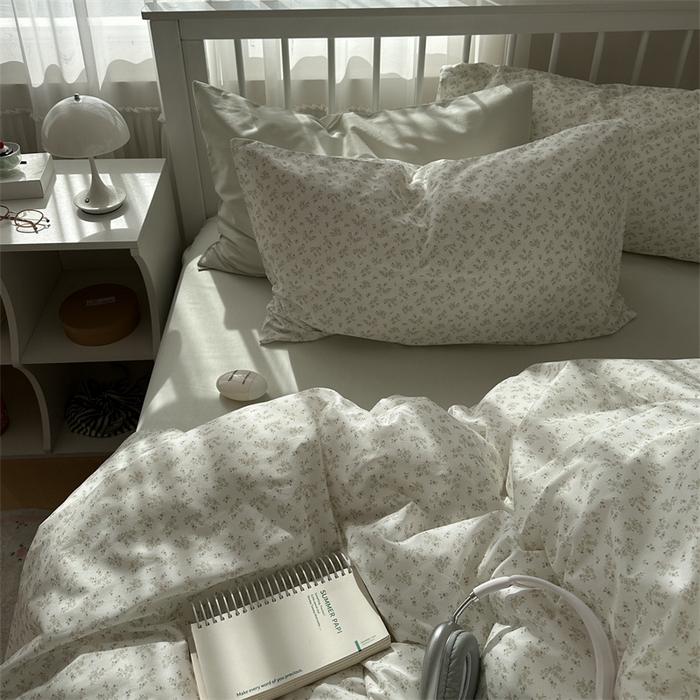 91家纺网 家纺一手货源 找家纺 尺素 2025新款纯棉卡通ins风四件套可爱少女风全棉被套纯色1.8床笠加大床单学生1.2三件套 清梦--冰沙绿