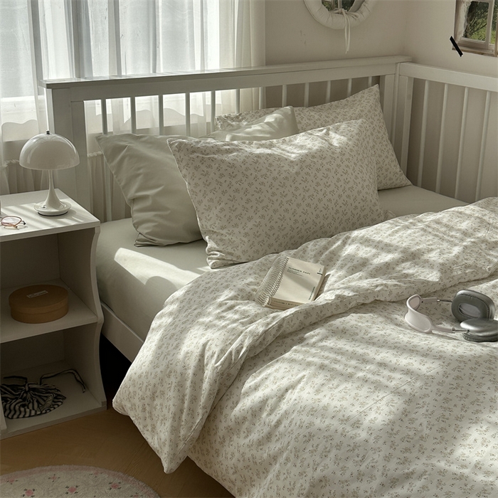 91家纺网 家纺一手货源 找家纺 尺素 2025新款纯棉卡通ins风四件套可爱少女风全棉被套纯色1.8床笠加大床单学生1.2三件套 清梦--冰沙绿