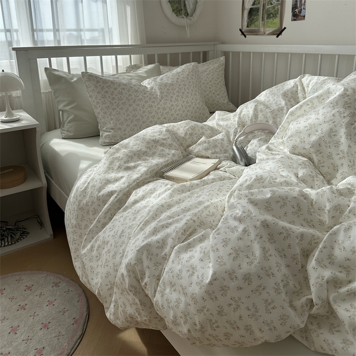 91家纺网 家纺一手货源 找家纺 尺素 2025新款纯棉卡通ins风四件套可爱少女风全棉被套纯色1.8床笠加大床单学生1.2三件套 清梦--冰沙绿