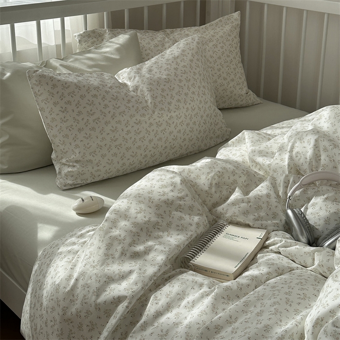 91家纺网 家纺一手货源 找家纺 尺素 2025新款纯棉卡通ins风四件套可爱少女风全棉被套纯色1.8床笠加大床单学生1.2三件套 清梦--冰沙绿