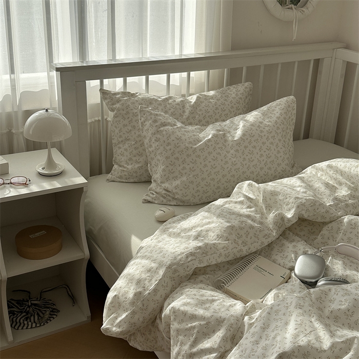 91家纺网 家纺一手货源 找家纺 尺素 2025新款纯棉卡通ins风四件套可爱少女风全棉被套纯色1.8床笠加大床单学生1.2三件套 清梦--冰沙绿