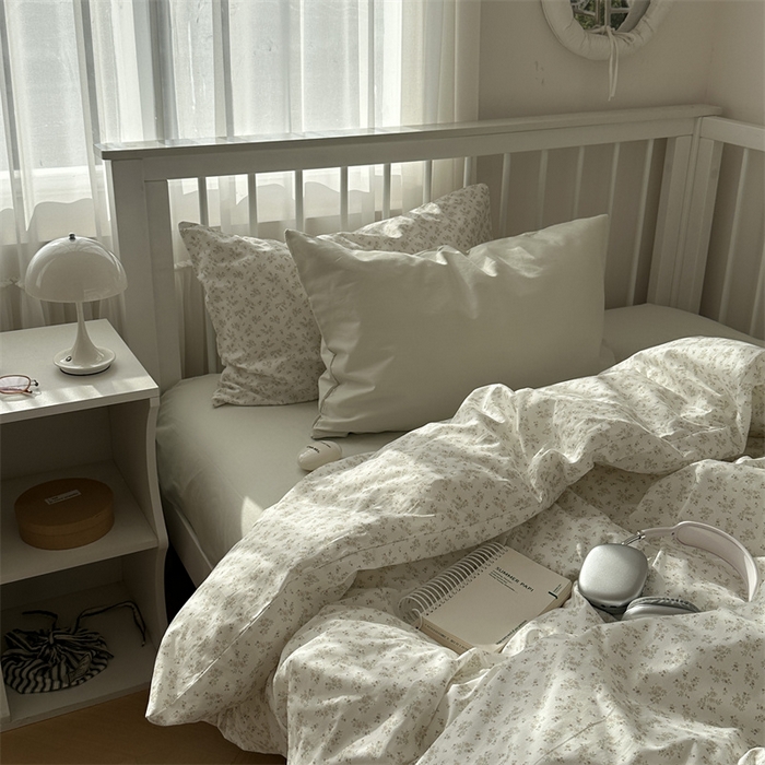 91家纺网 家纺一手货源 找家纺 尺素 2025新款纯棉卡通ins风四件套可爱少女风全棉被套纯色1.8床笠加大床单学生1.2三件套 清梦--冰沙绿