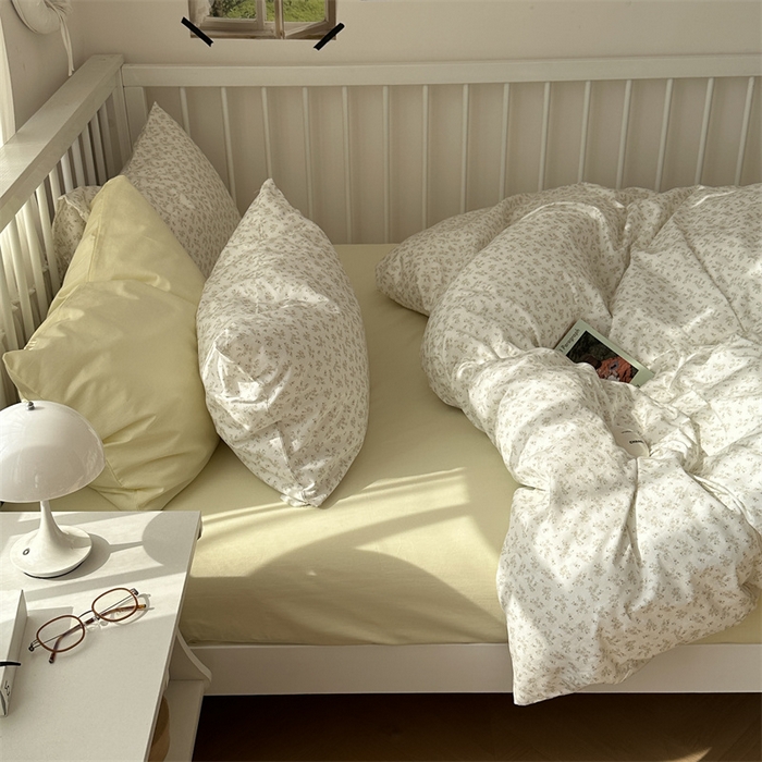 91家纺网 家纺一手货源 找家纺 尺素 2025新款纯棉卡通ins风四件套可爱少女风全棉被套纯色1.8床笠加大床单学生1.2三件套 清梦--浅黄