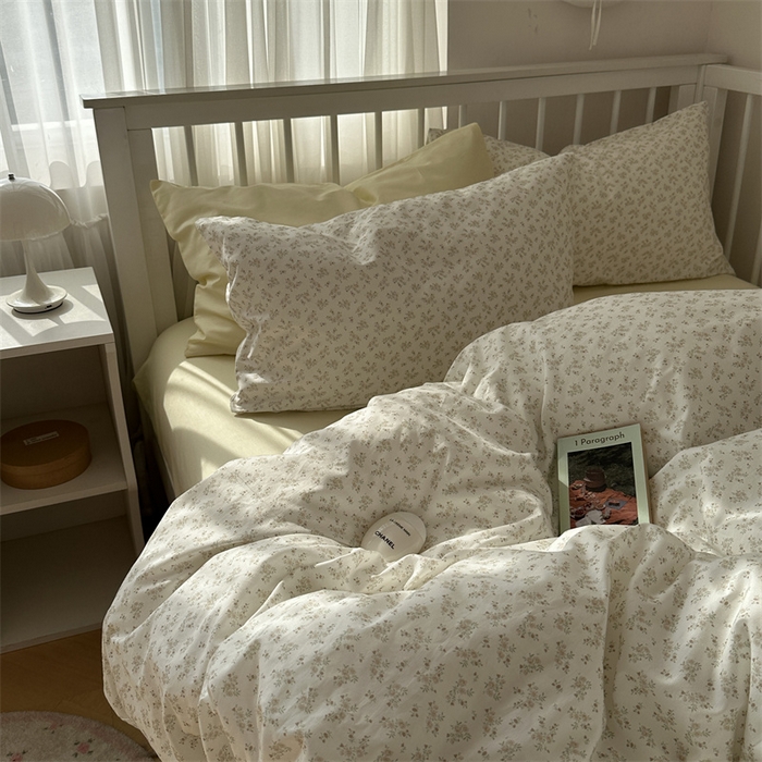 91家纺网 家纺一手货源 找家纺 尺素 2025新款纯棉卡通ins风四件套可爱少女风全棉被套纯色1.8床笠加大床单学生1.2三件套 清梦--浅黄