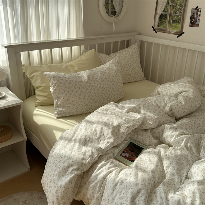 91家纺网 家纺一手货源 找家纺 尺素 2025新款纯棉卡通ins风四件套可爱少女风全棉被套纯色1.8床笠加大床单学生1.2三件套 清梦--浅黄