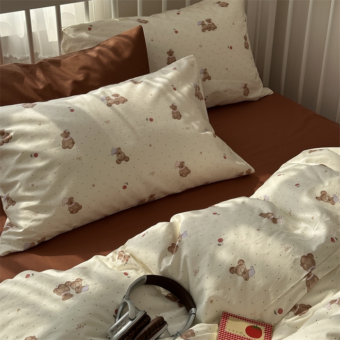 91家纺网 家纺一手货源 找家纺 尺素 2025新款纯棉卡通ins风四件套可爱少女风全棉被套纯色1.8床笠加大床单学生1.2三件套 小熊软糖--焦糖