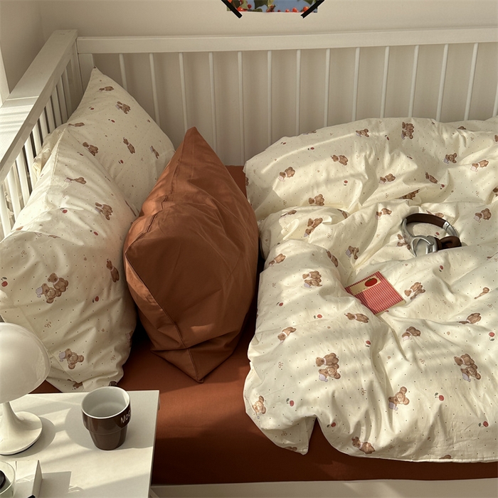 91家纺网 家纺一手货源 找家纺 尺素 2025新款纯棉卡通ins风四件套可爱少女风全棉被套纯色1.8床笠加大床单学生1.2三件套 小熊软糖--焦糖