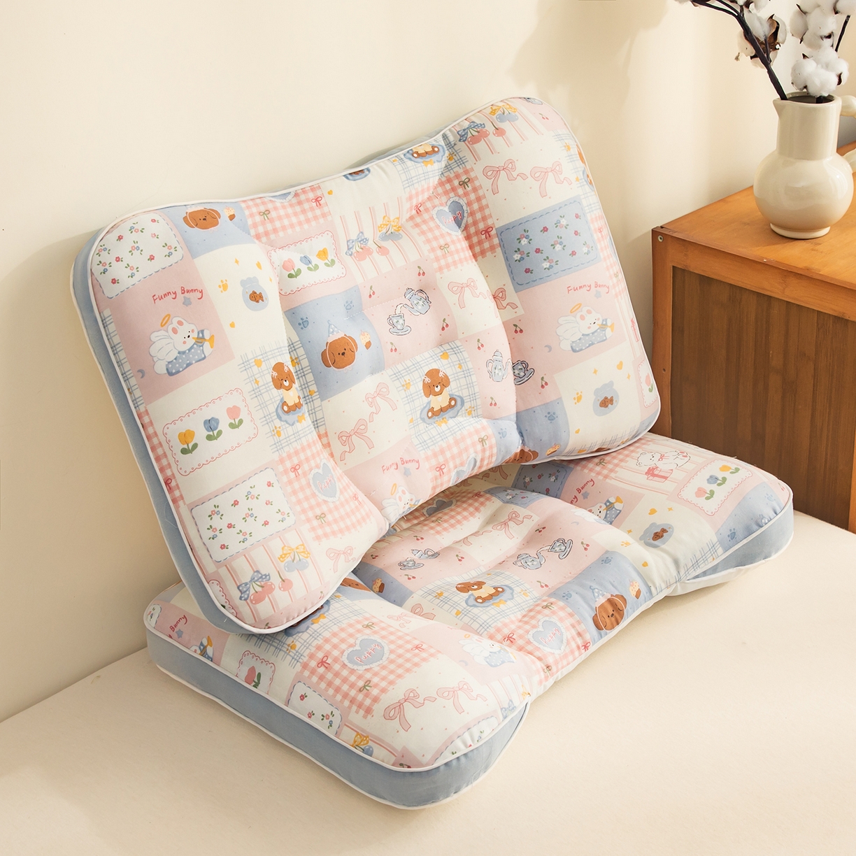 91家纺网 家纺一手货源 找家纺 贵夫人 2025新款卡通纯棉分区护脊枕枕头枕芯 萌宠格子铺40*60-一只