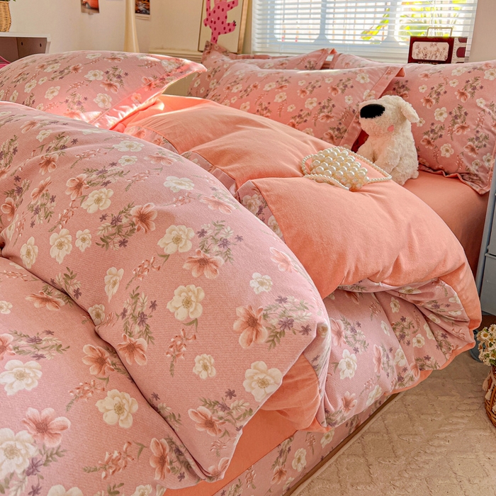 91家纺网 家纺一手货源 找家纺 暖芯优选 2025新款小清新印花全棉磨毛四件套 花蕊粉