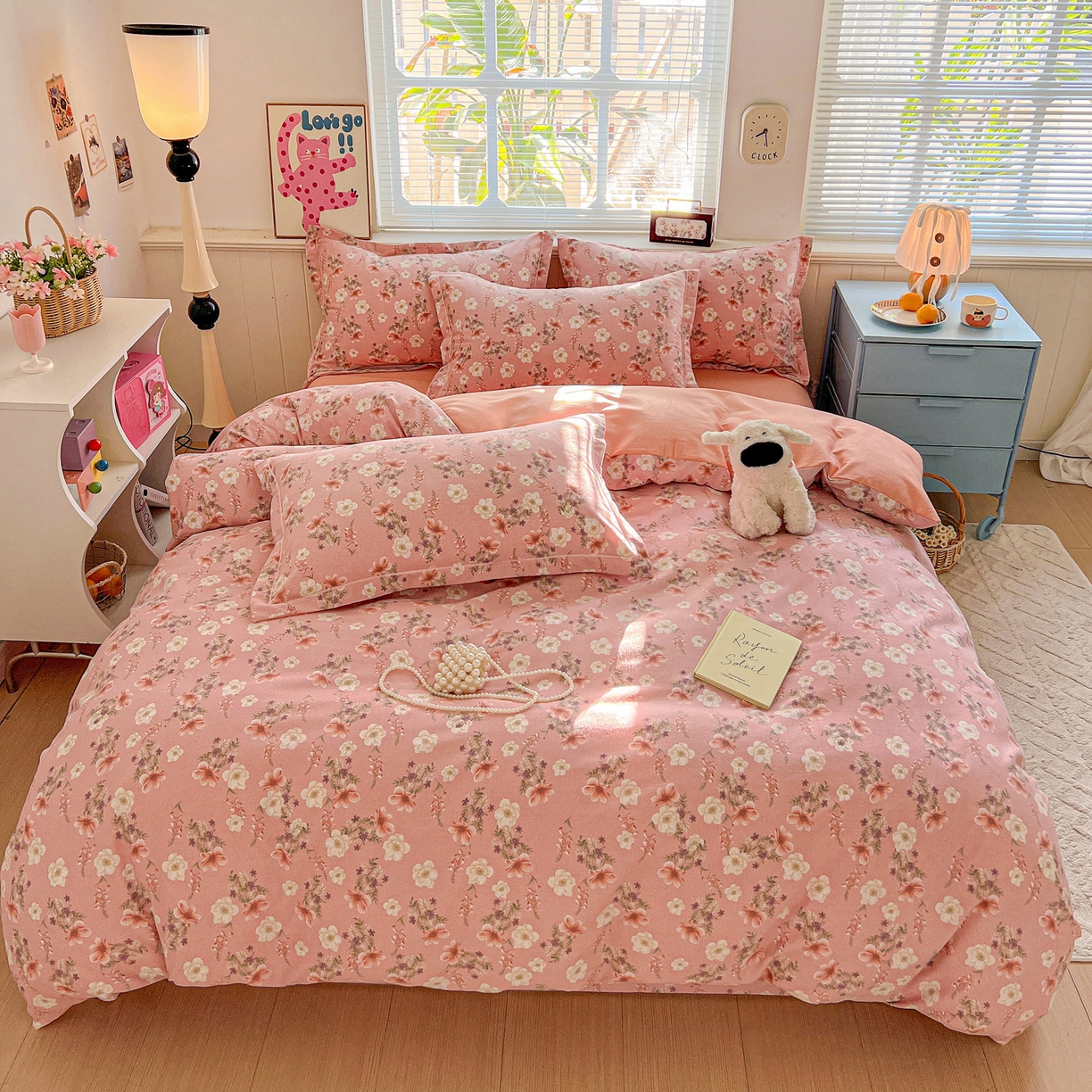 91家纺网 家纺一手货源 找家纺 暖芯优选 2025新款小清新印花全棉磨毛四件套 花蕊粉