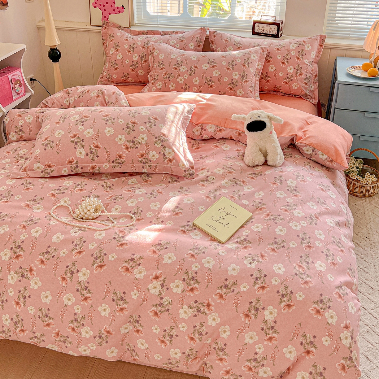 91家纺网 家纺一手货源 找家纺 暖芯优选 2025新款小清新印花全棉磨毛四件套 花蕊粉