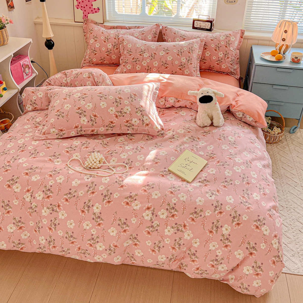 91家纺网 家纺一手货源 找家纺 暖芯优选 2025新款小清新印花全棉磨毛四件套 花蕊粉