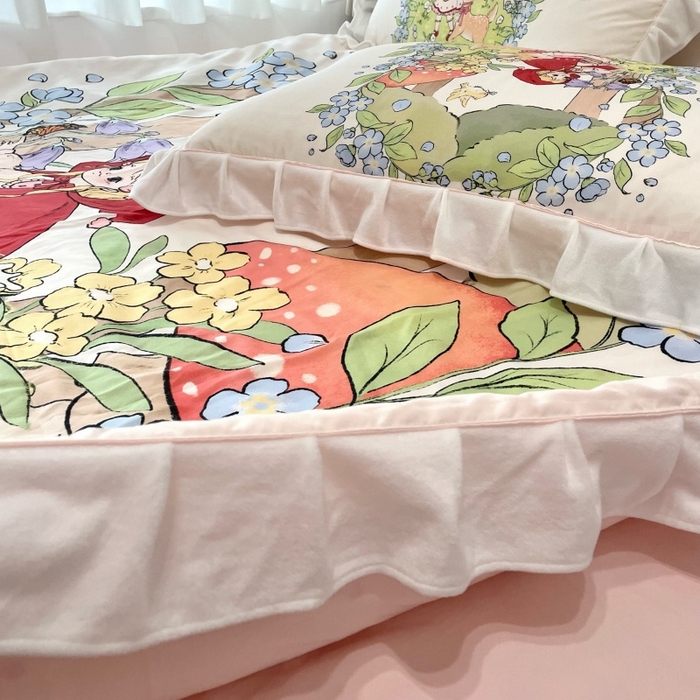 91家纺网 家纺一手货源 找家纺 花沐家居 2025新款亲肤舒适花边洛丽塔云朵棉四件套 小红帽