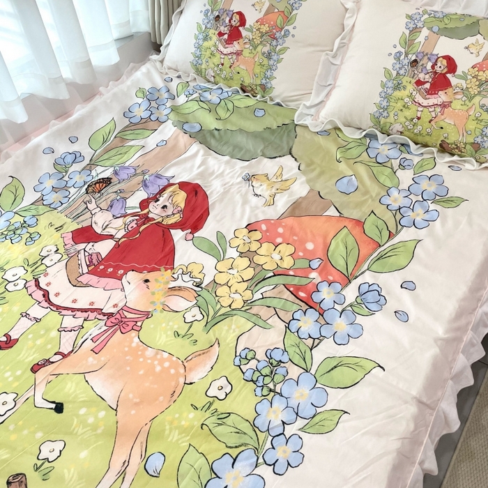91家纺网 家纺一手货源 找家纺 花沐家居 2025新款亲肤舒适花边洛丽塔云朵棉四件套 小红帽