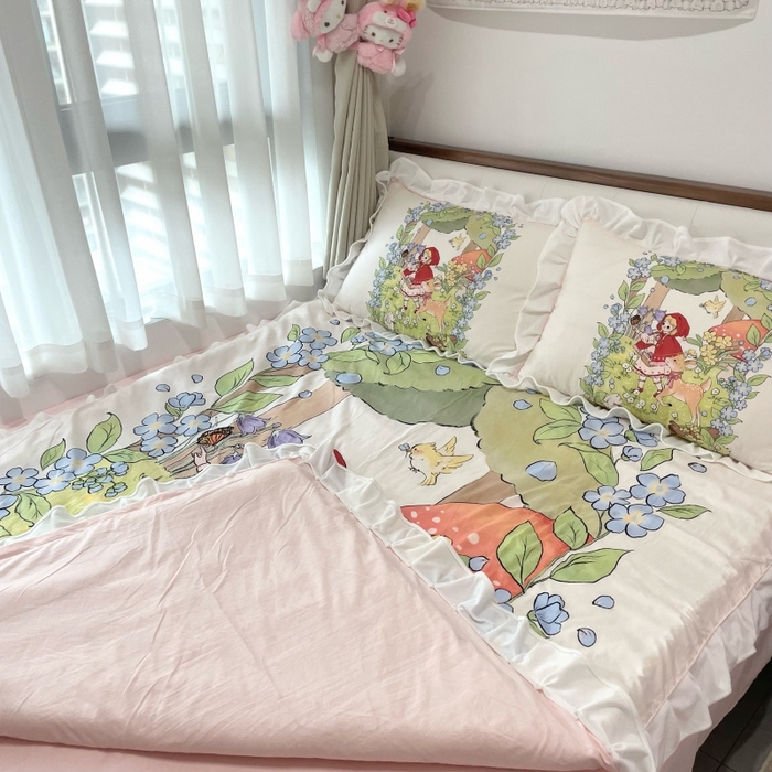91家纺网 家纺一手货源 找家纺 花沐家居 2025新款亲肤舒适花边洛丽塔云朵棉四件套 小红帽