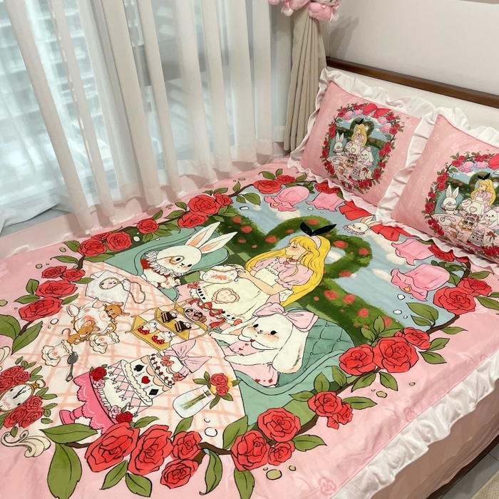 91家纺网 家纺一手货源 找家纺 花沐家居 2025新款亲肤舒适花边洛丽塔云朵棉四件套 公主茶话会