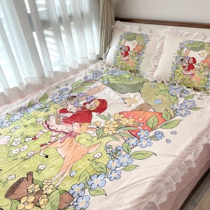 91家纺网 家纺一手货源 找家纺 花沐家居 2025新款亲肤舒适花边洛丽塔云朵棉四件套 小红帽