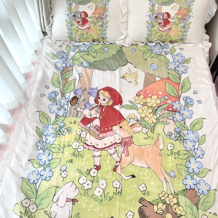 91家纺网 家纺一手货源 找家纺 花沐家居 2025新款亲肤舒适花边洛丽塔云朵棉四件套 小红帽