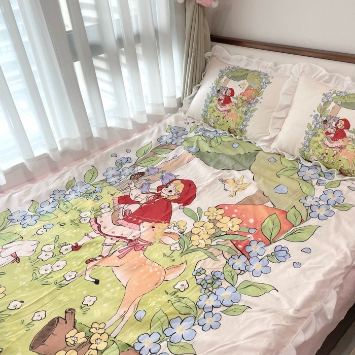 91家纺网 家纺一手货源 找家纺 花沐家居 2025新款亲肤舒适花边洛丽塔云朵棉四件套 小红帽