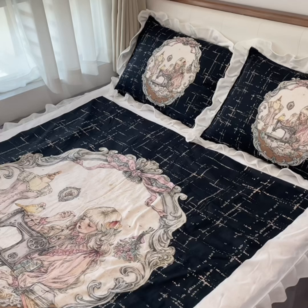 91家纺网 家纺一手货源 找家纺 花沐家居 2025新款亲肤舒适花边洛丽塔云朵棉四件套 古偶少女