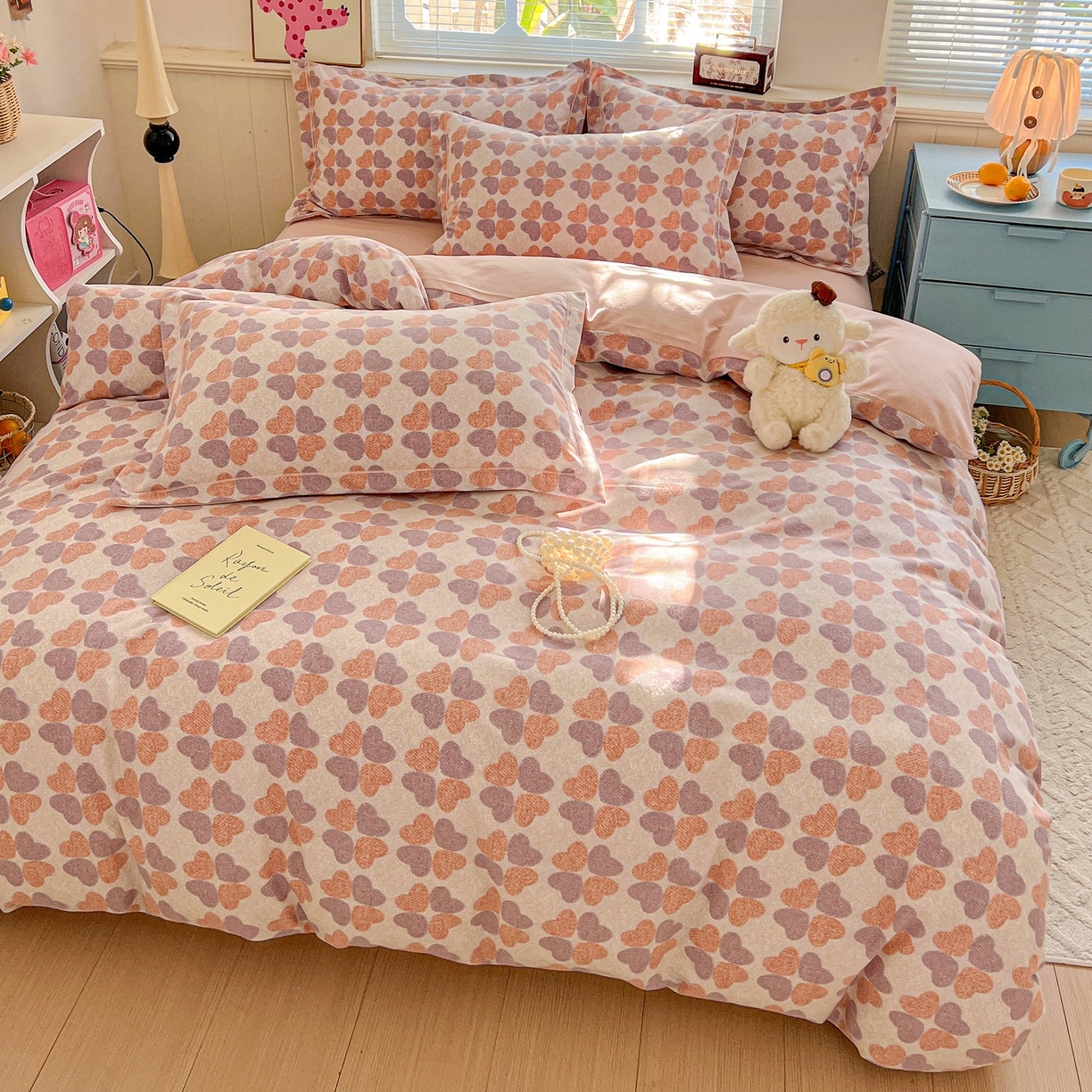 91家纺网 家纺一手货源 找家纺 暖芯优选 2025新款小清新印花全棉磨毛四件套 四叶草