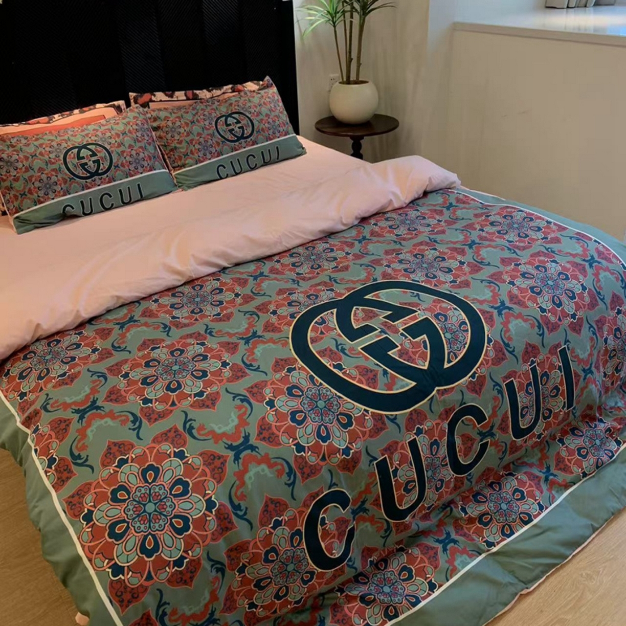 花沐家居 2025新款数码印花潮牌云朵棉四件套 绿色花朵