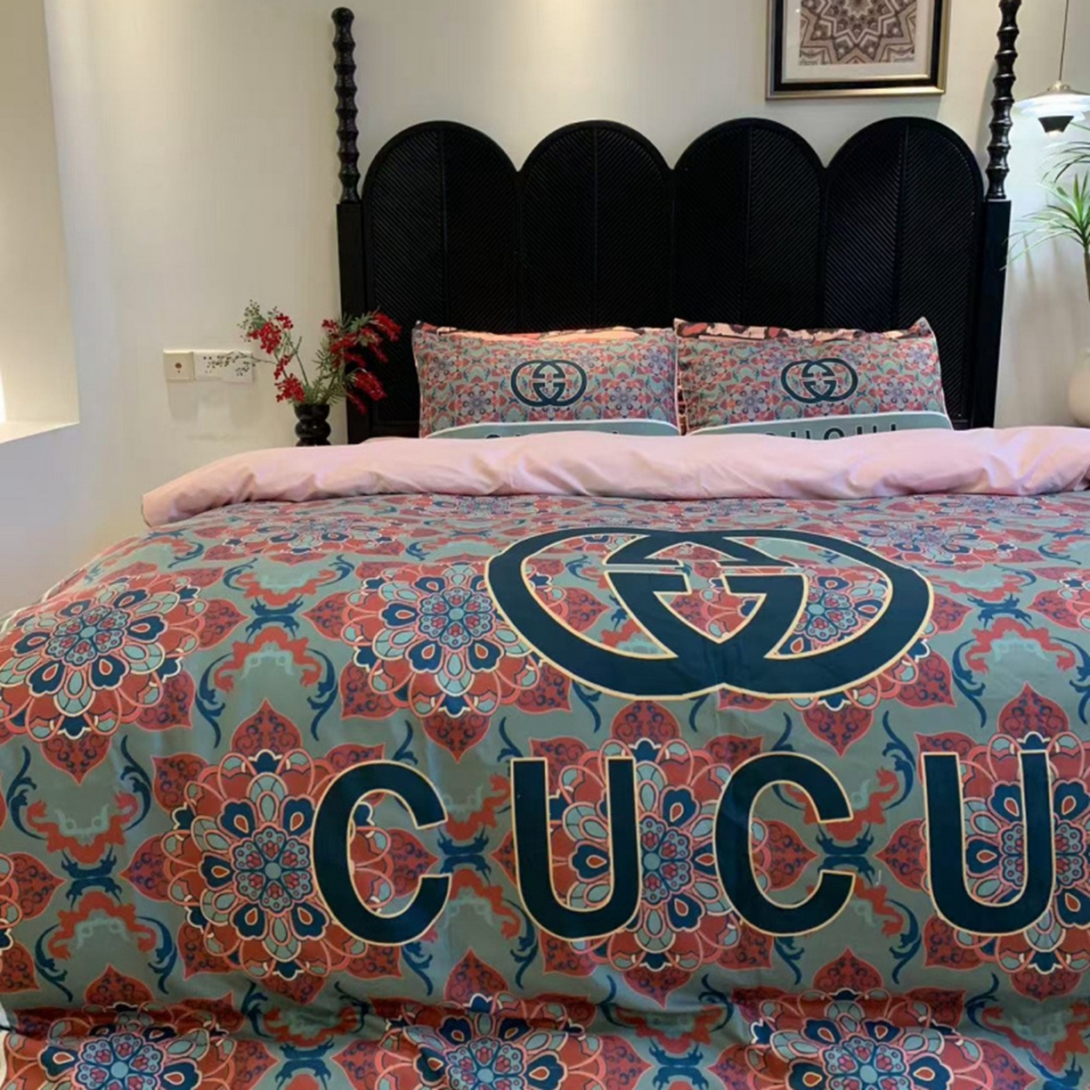 91家纺网 家纺一手货源 找家纺 花沐家居 2025新款数码印花潮牌云朵棉四件套 绿色花朵