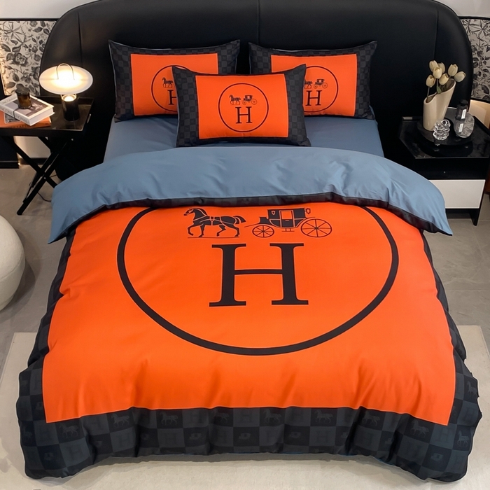 91家纺网 家纺一手货源 找家纺 花沐家居 2025新款 潮牌亲肤纯棉四件套 橘马