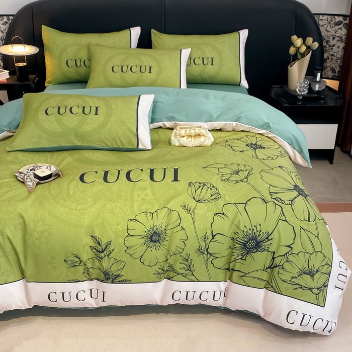 91家纺网 家纺一手货源 找家纺 花沐家居 2025新款 潮牌亲肤纯棉四件套 绿色花朵