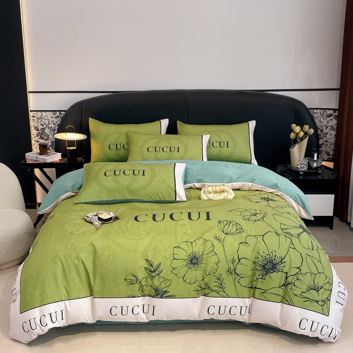 91家纺网 家纺一手货源 找家纺 花沐家居 2025新款 潮牌亲肤纯棉四件套 绿色花朵