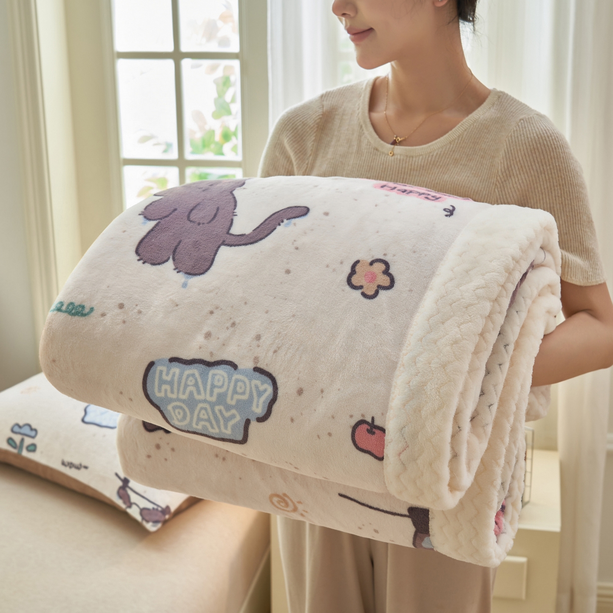 91家纺网 家纺一手货源 找家纺 晨曦家纺 2025新款加厚保暖牛奶绒贝贝绒三层夹棉毛毯可爱卡通 调皮猫狗