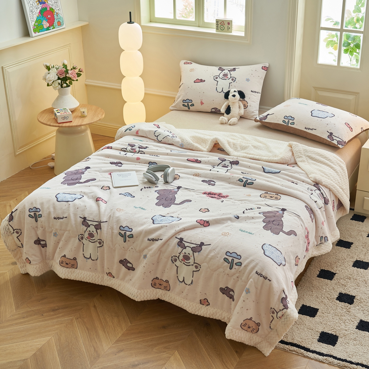 91家纺网 家纺一手货源 找家纺 晨曦家纺 2025新款加厚保暖牛奶绒贝贝绒三层夹棉毛毯可爱卡通 调皮猫狗