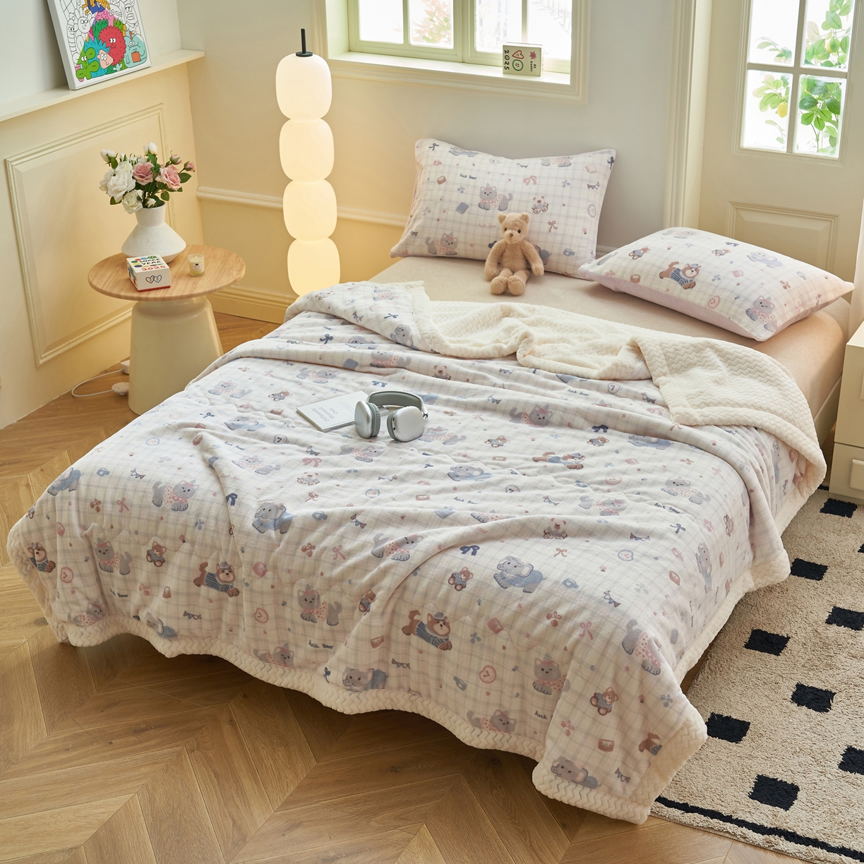 91家纺网 家纺一手货源 找家纺 晨曦家纺 2025新款加厚保暖牛奶绒贝贝绒三层夹棉毛毯可爱卡通 动物乐园