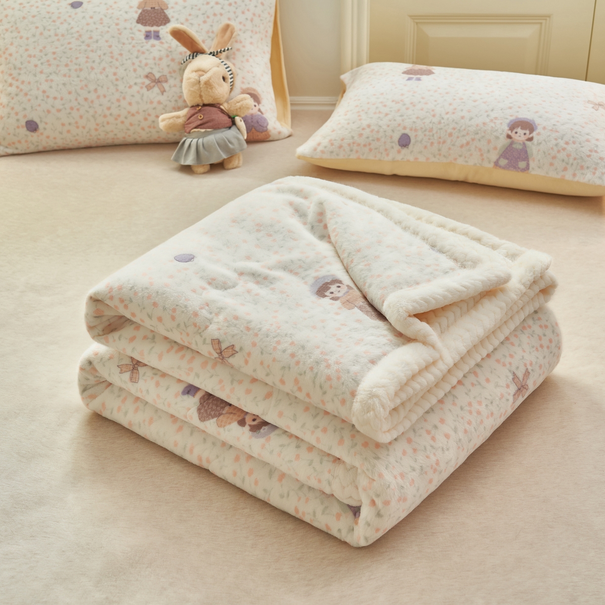 91家纺网 家纺一手货源 找家纺 晨曦家纺 2025新款加厚保暖牛奶绒贝贝绒三层夹棉毛毯可爱卡通 可爱女孩