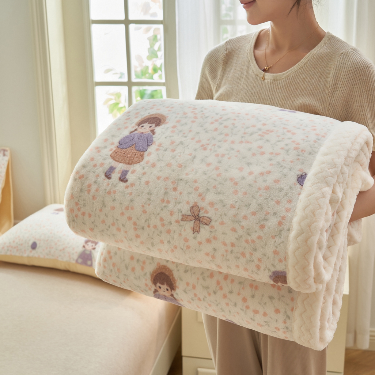 91家纺网 家纺一手货源 找家纺 晨曦家纺 2025新款加厚保暖牛奶绒贝贝绒三层夹棉毛毯可爱卡通 可爱女孩