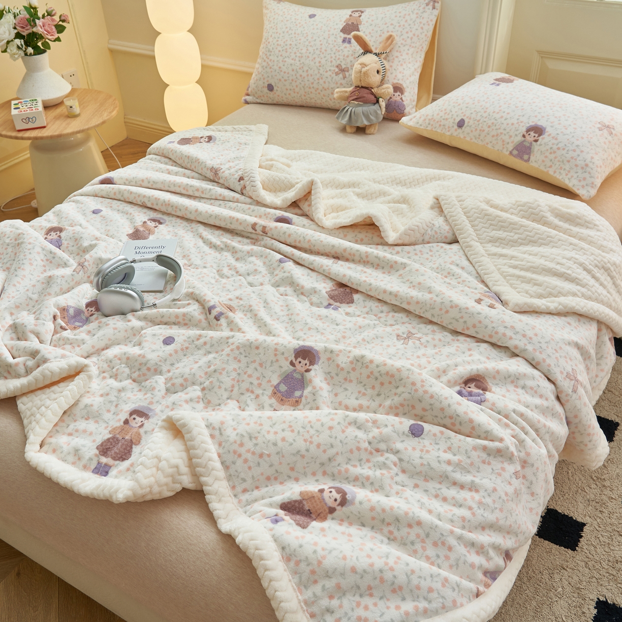 91家纺网 家纺一手货源 找家纺 晨曦家纺 2025新款加厚保暖牛奶绒贝贝绒三层夹棉毛毯可爱卡通 可爱女孩