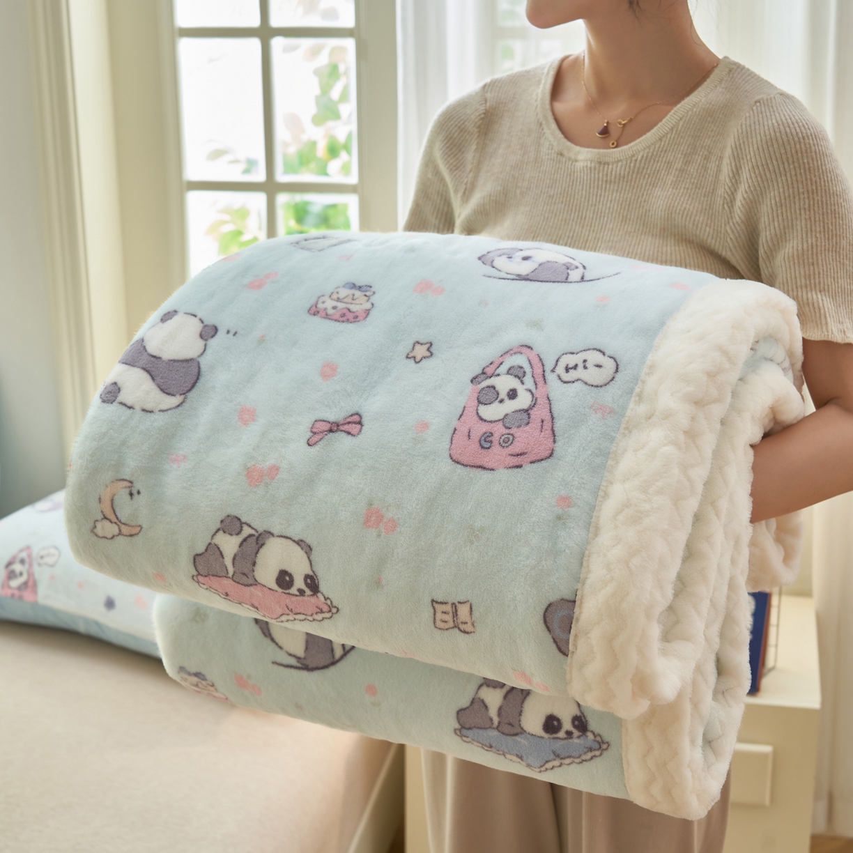 91家纺网 家纺一手货源 找家纺 晨曦家纺 2025新款加厚保暖牛奶绒贝贝绒三层夹棉毛毯可爱卡通 可爱熊猫