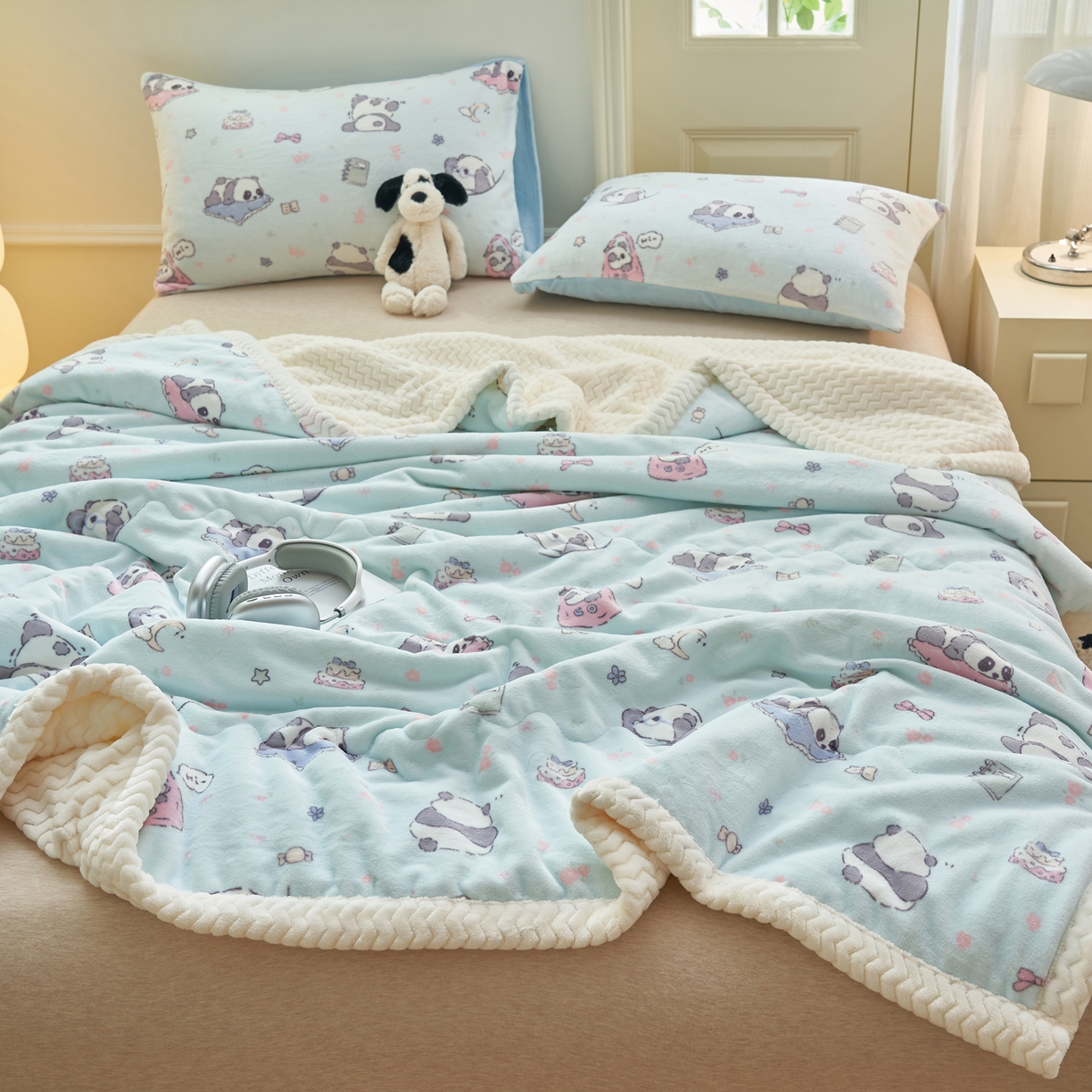 91家纺网 家纺一手货源 找家纺 晨曦家纺 2025新款加厚保暖牛奶绒贝贝绒三层夹棉毛毯可爱卡通 可爱熊猫