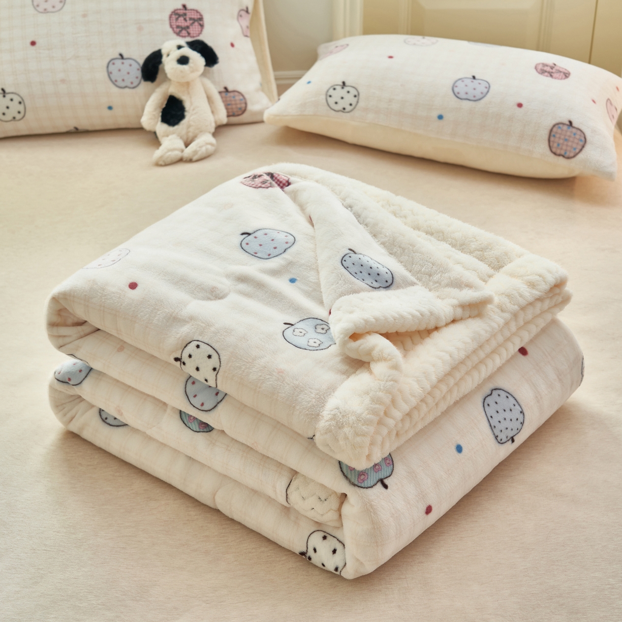 91家纺网 家纺一手货源 找家纺 晨曦家纺 2025新款加厚保暖牛奶绒贝贝绒三层夹棉毛毯可爱卡通 苹果乐园