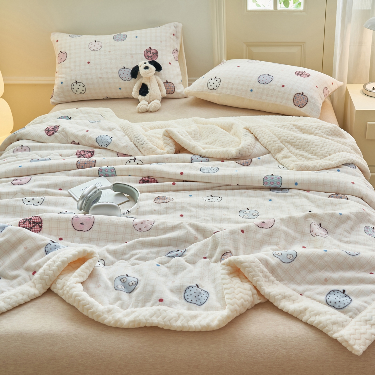 91家纺网 家纺一手货源 找家纺 晨曦家纺 2025新款加厚保暖牛奶绒贝贝绒三层夹棉毛毯可爱卡通 苹果乐园