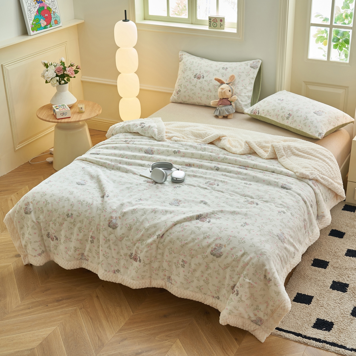 91家纺网 家纺一手货源 找家纺 晨曦家纺 2025新款加厚保暖牛奶绒贝贝绒三层夹棉毛毯可爱卡通 兔兔花园