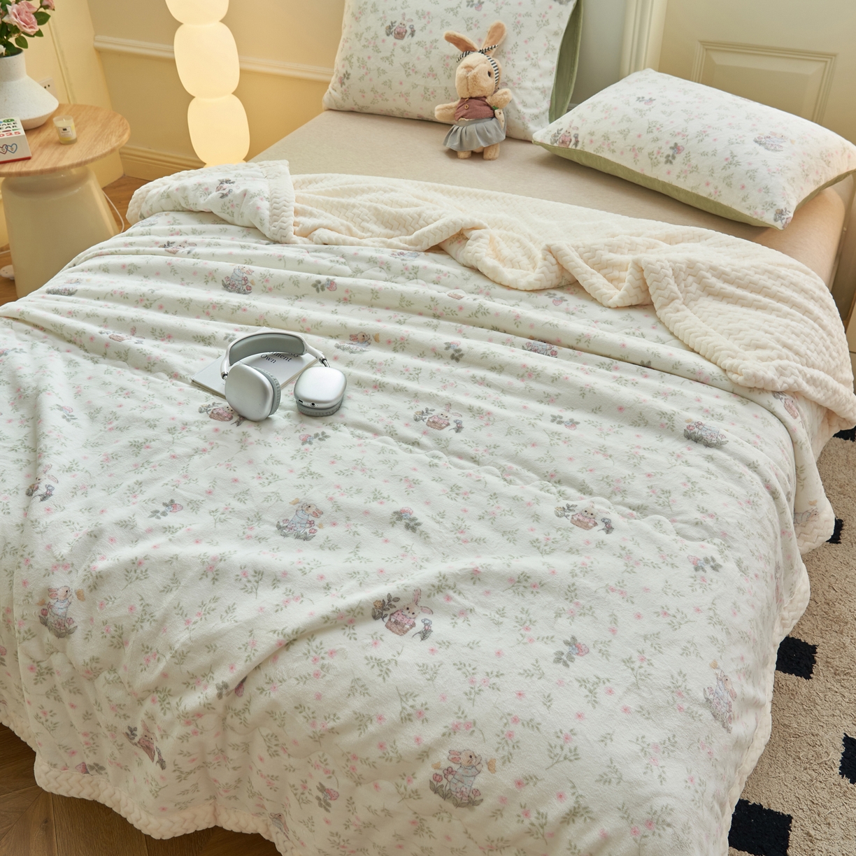 91家纺网 家纺一手货源 找家纺 晨曦家纺 2025新款加厚保暖牛奶绒贝贝绒三层夹棉毛毯可爱卡通 兔兔花园