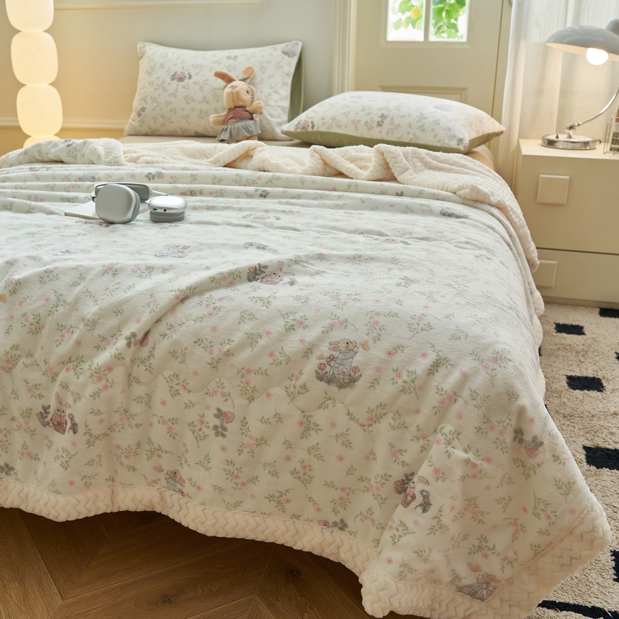 91家纺网 家纺一手货源 找家纺 晨曦家纺 2025新款加厚保暖牛奶绒贝贝绒三层夹棉毛毯可爱卡通 兔兔花园