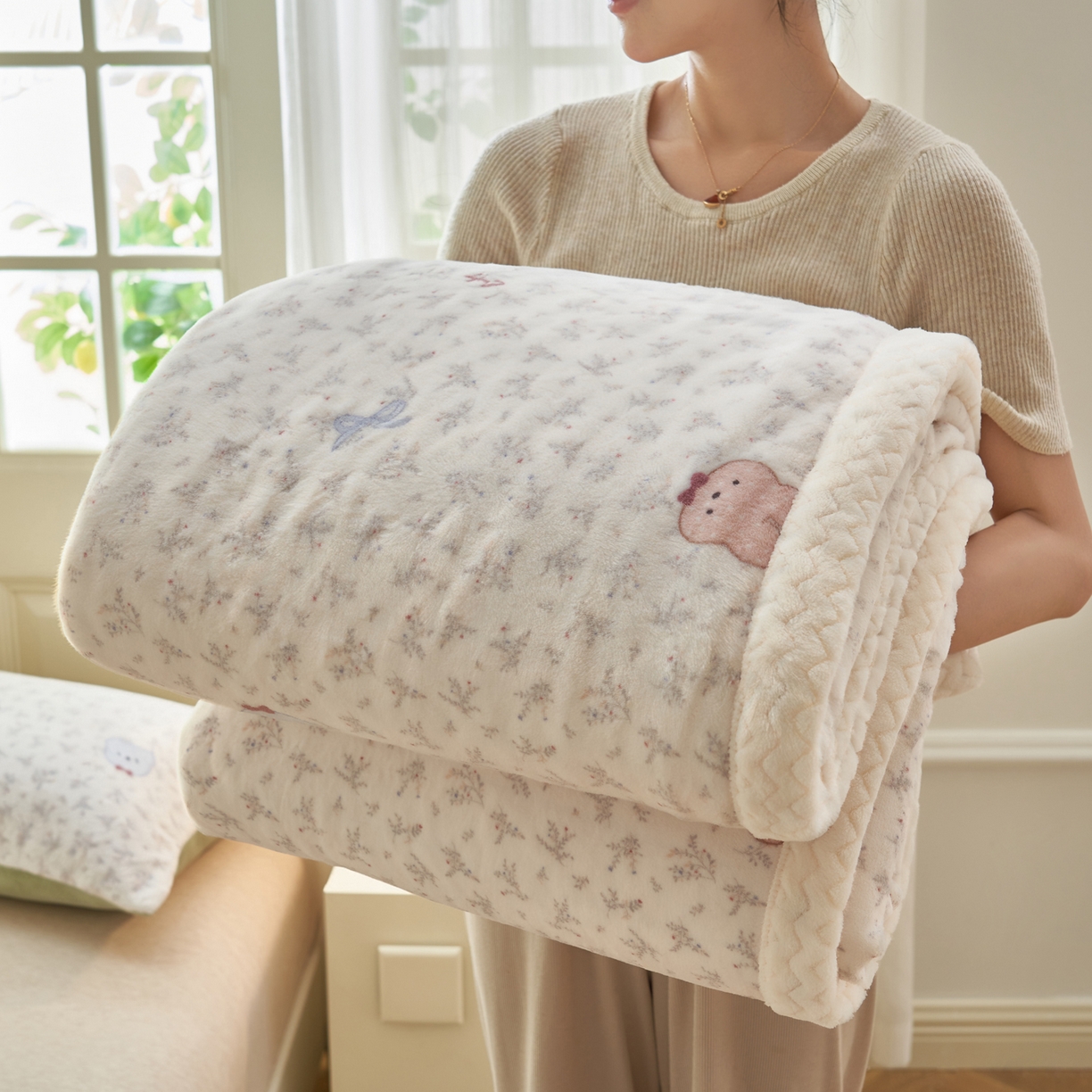 91家纺网 家纺一手货源 找家纺 晨曦家纺 2025新款加厚保暖牛奶绒贝贝绒三层夹棉毛毯可爱卡通 鲜花小兔