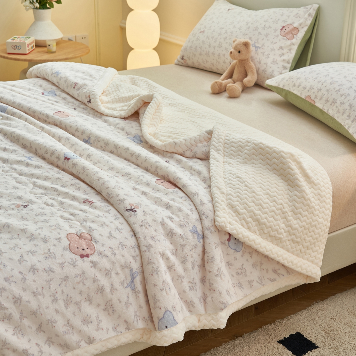 91家纺网 家纺一手货源 找家纺 晨曦家纺 2025新款加厚保暖牛奶绒贝贝绒三层夹棉毛毯可爱卡通 鲜花小兔