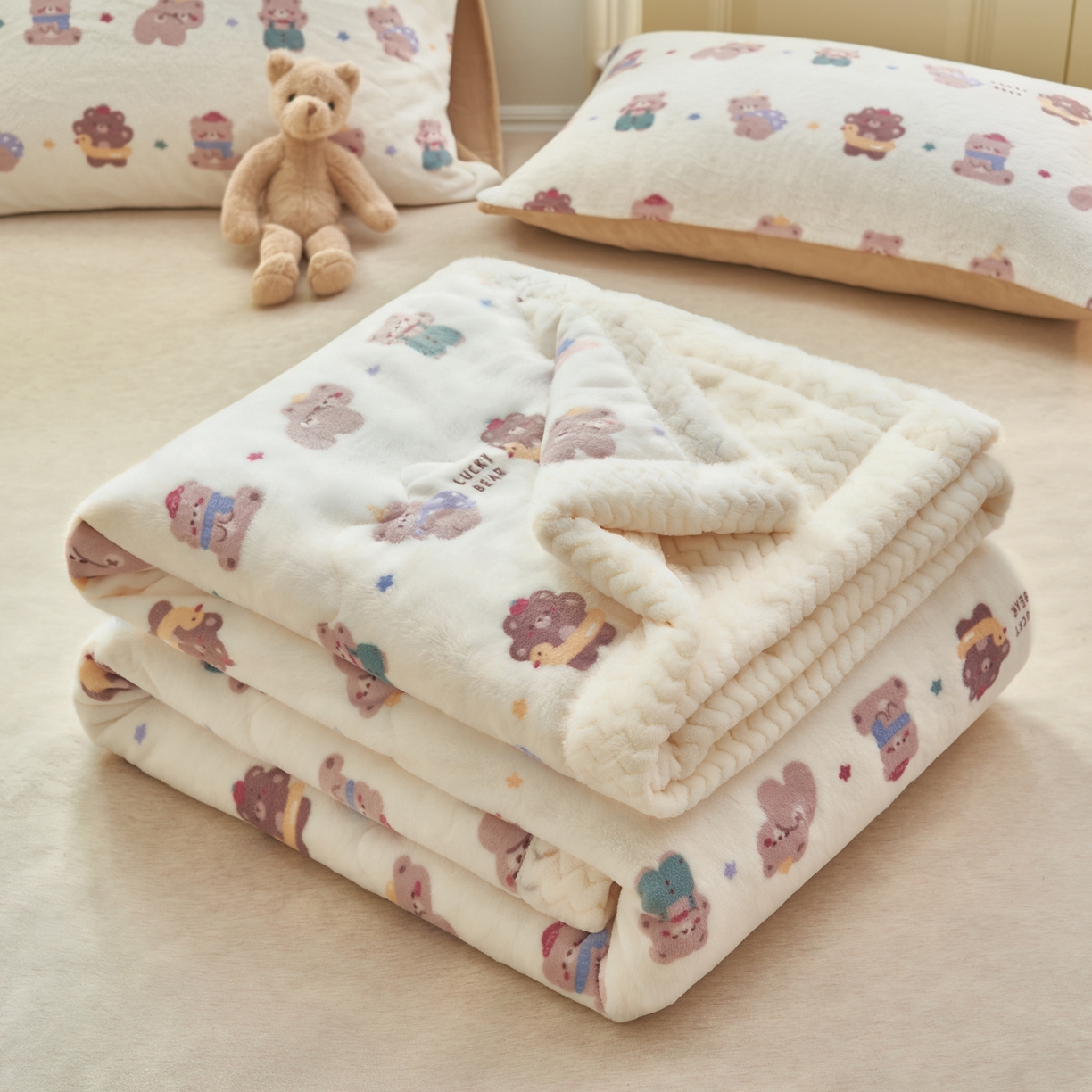 91家纺网 家纺一手货源 找家纺 晨曦家纺 2025新款加厚保暖牛奶绒贝贝绒三层夹棉毛毯可爱卡通 熊熊乐园