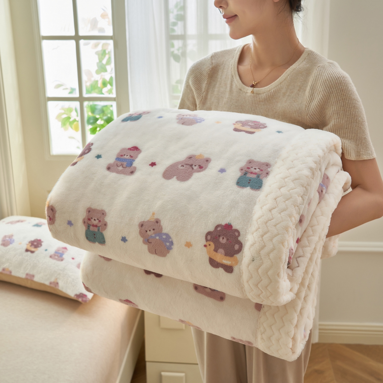 91家纺网 家纺一手货源 找家纺 晨曦家纺 2025新款加厚保暖牛奶绒贝贝绒三层夹棉毛毯可爱卡通 熊熊乐园